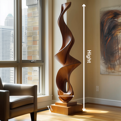 Hand Carved Tall Wooden Flame Twist Sculpture with Hollow Loop, Modern Abstract Floor Art, Luxury Statement Decor, Organic Wood Form