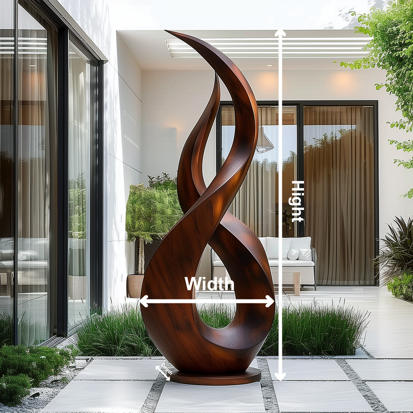 Large Hand-Carved Wooden Flame Twist Sculpture, Abstract Infinity Modern Art, Luxury Statement Floor Decor for Garden or Interiors