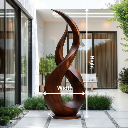Large Hand-Carved Wooden Flame Twist Sculpture, Abstract Infinity Modern Art, Luxury Statement Floor Decor for Garden or Interiors