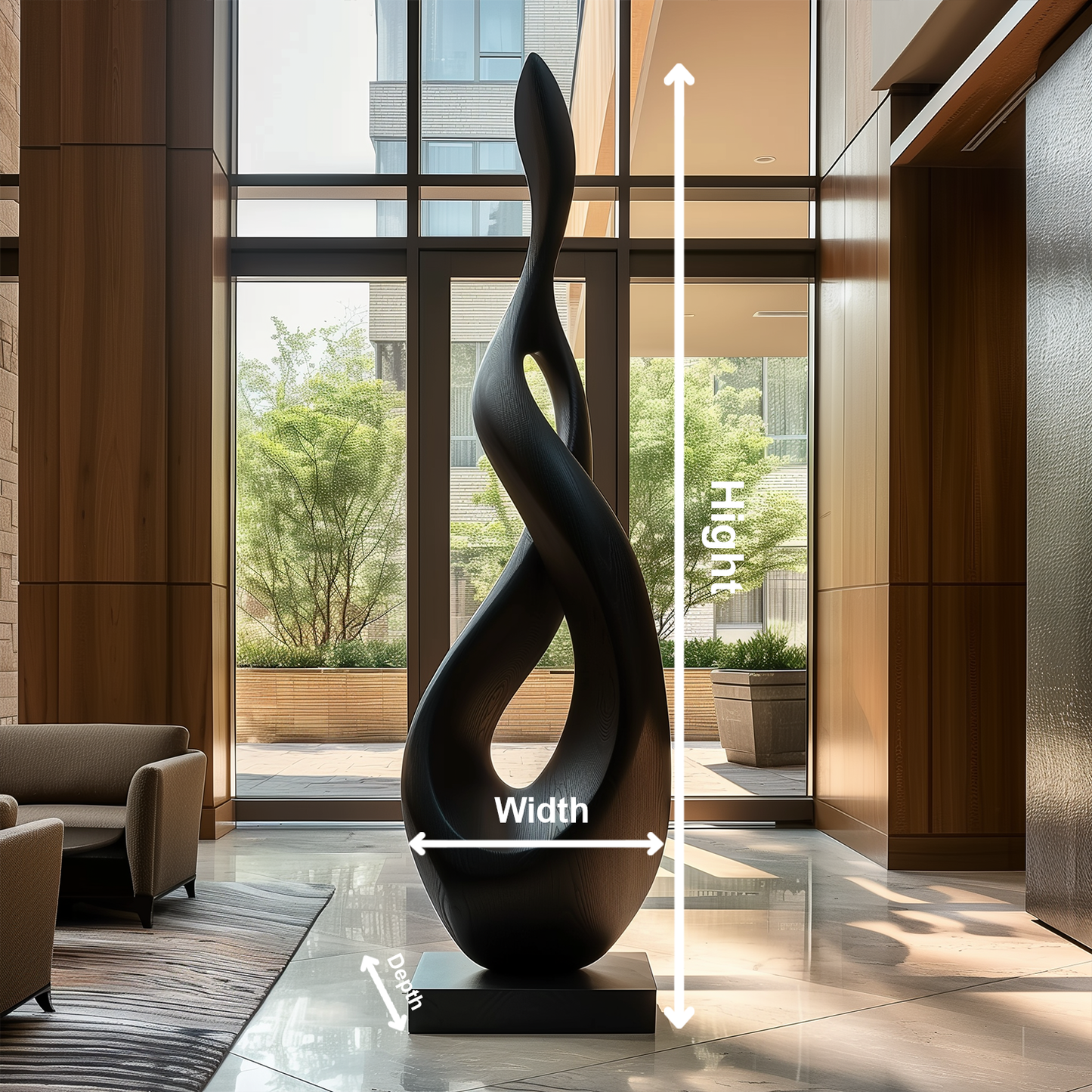 Tall Abstract Flame Infinity Sculpture, Black Wooden Floor Art, Modern Organic Twist Statement for Luxury Lobby Interior Decor
