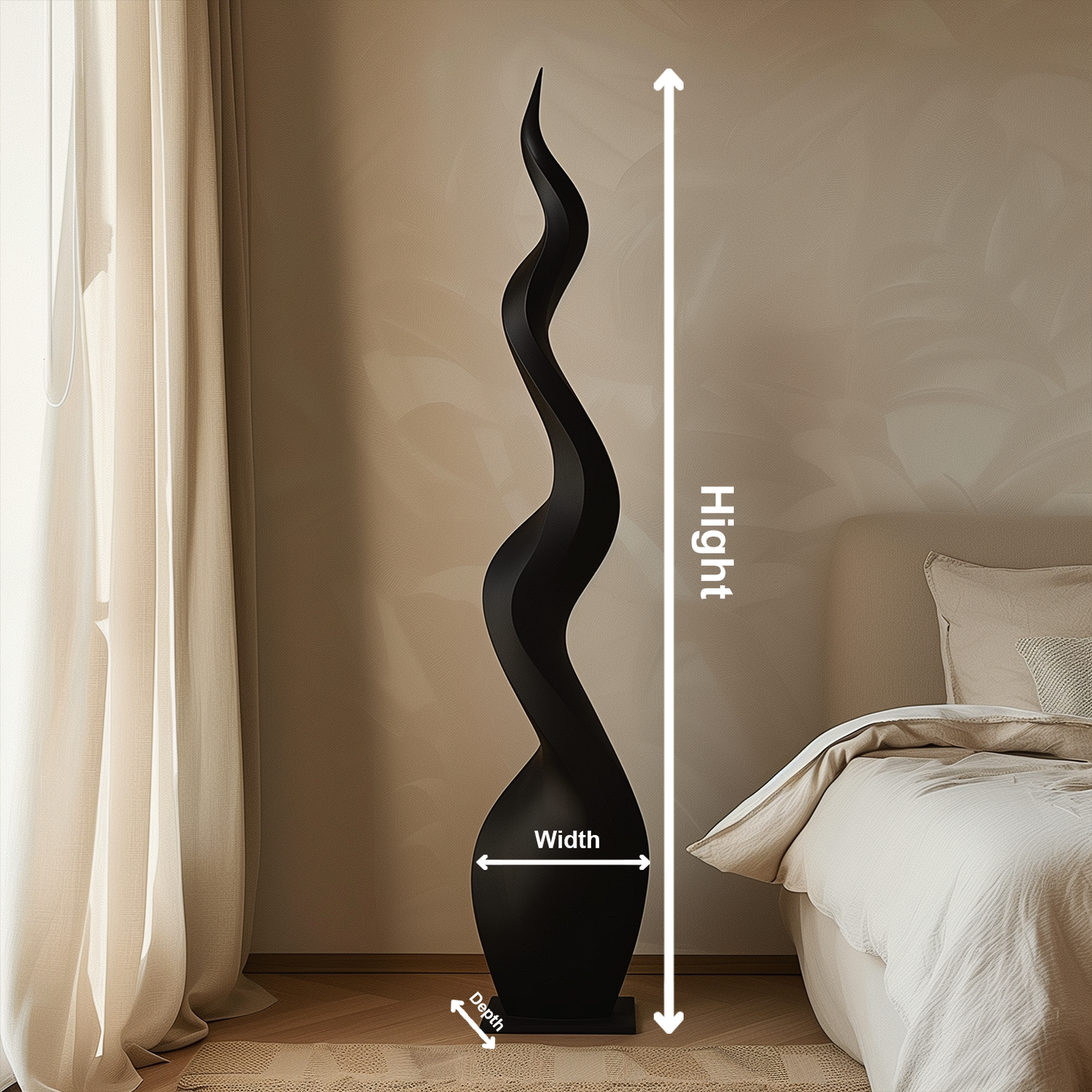 Tall Black Abstract Flame Sculpture, Hand-Carved Modern Infinity Twist Art, Luxury Minimal Statement Floor Decor for Interiors