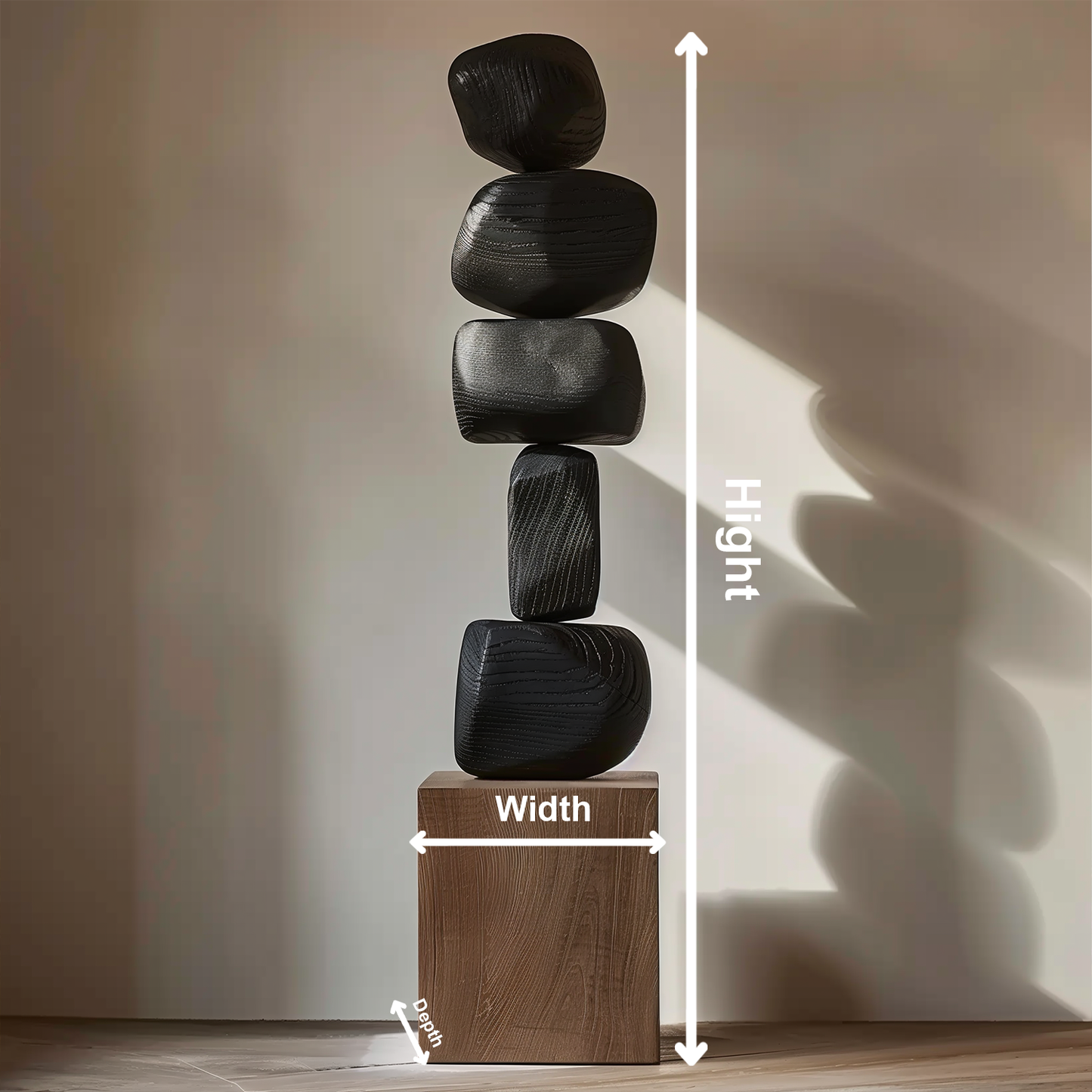 Hand Carved Black Stacked Stone Sculpture, Modern Zen Balance Totem, Abstract Wooden Floor Art, Minimalist Luxury Decor