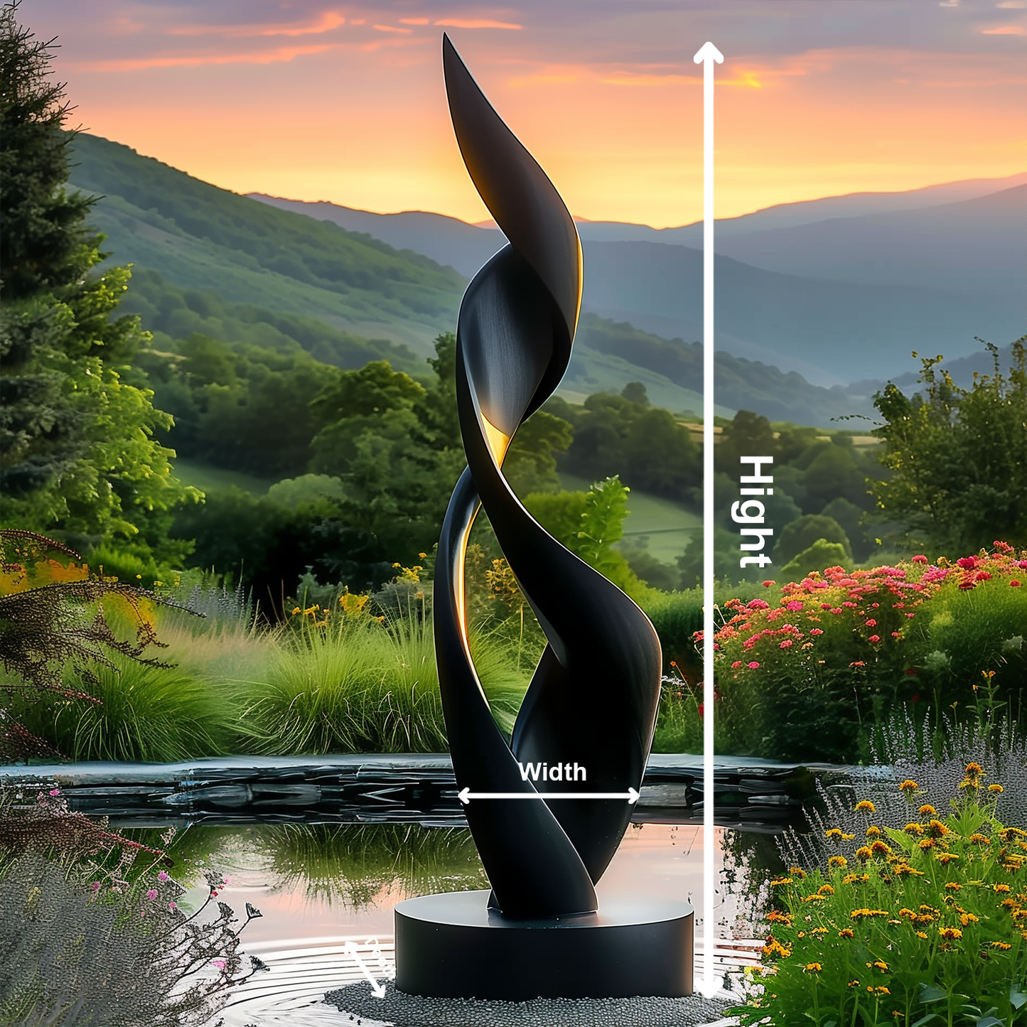 Tall Abstract Flame Sculpture Black | Modern Outdoor Garden Art | Flowing Spiral Form | Contemporary Large Statement Yard Decor