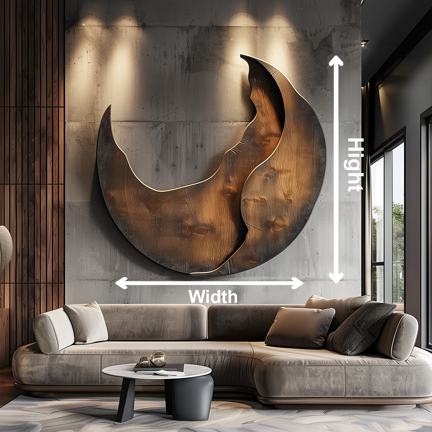 Large Abstract Crescent Moon Wall Sculpture, Modern Organic Flame Art, Luxury Metal & Wood Wall Decor, Oversized Statement Artwork for Living Room