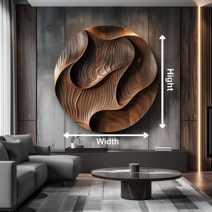 Large Round 3D Wooden Wall Sculpture, Hand Carved Topographic Relief Wall Art, Organic Modern Luxury Statement Decor for Living Room
