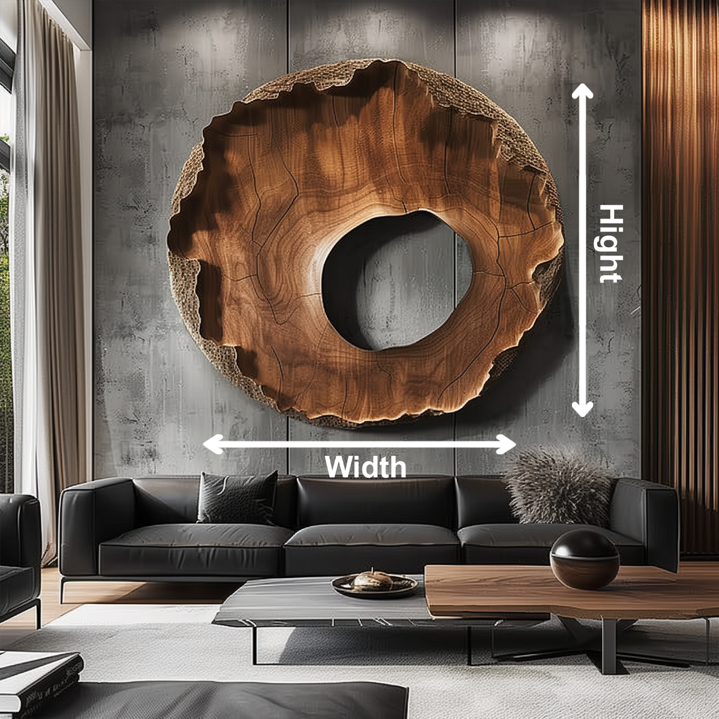 Large Hand-Carved Wooden Tree Ring Wall Sculpture, 3D Organic Abstract Hollow Circle Art, Modern Luxury Statement Wall Decor