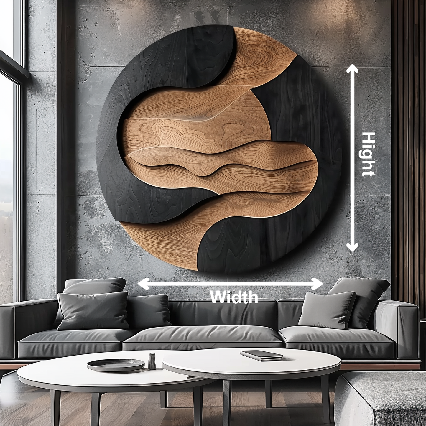 Large Round Wooden Wall Sculpture, Layered Wave Carving, Black & Natural Wood Modern Abstract Wall Art, Luxury Statement Decor