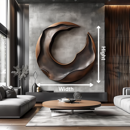 Abstract Round Wooden Wall Sculpture, Modern Crescent Loop Wall Art, Copper Black 3D Carved Statement Decor, Luxury Minimalist Home Accent
