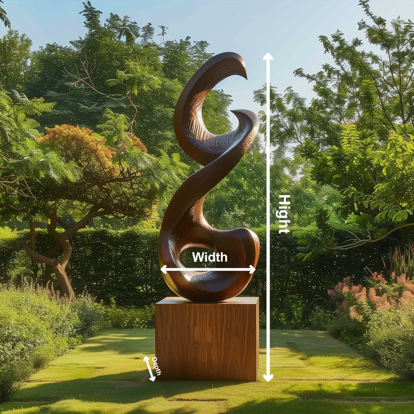 Large Abstract Infinity Spiral Garden Sculpture, Hand Carved Wooden Outdoor Statement Art, Modern Organic Luxury Yard Decor