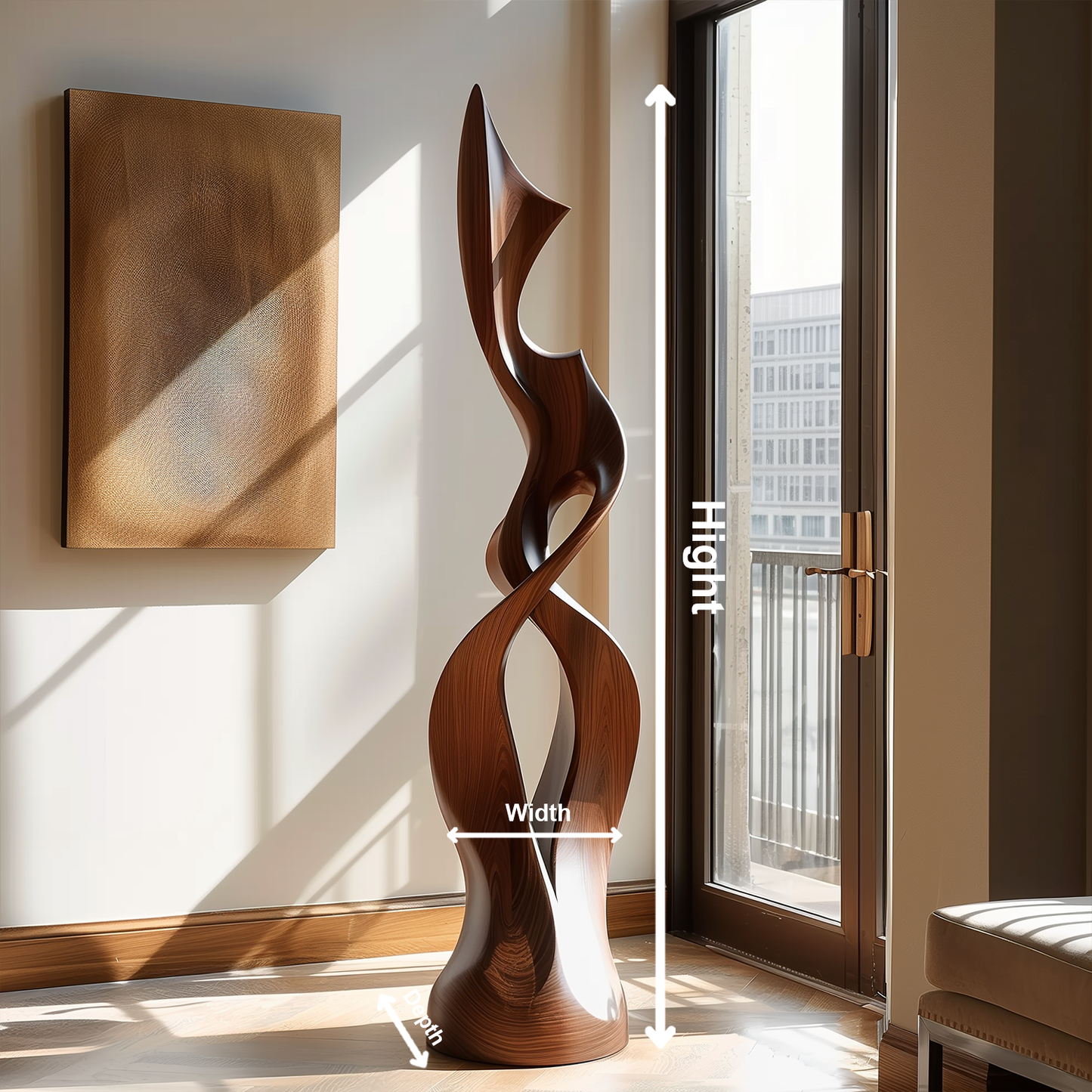 Hand Carved Wooden Infinity Flame Sculpture, Tall Twisting Abstract Floor Art, Modern Organic Statement Decor, Luxury Contemporary Home Accent
