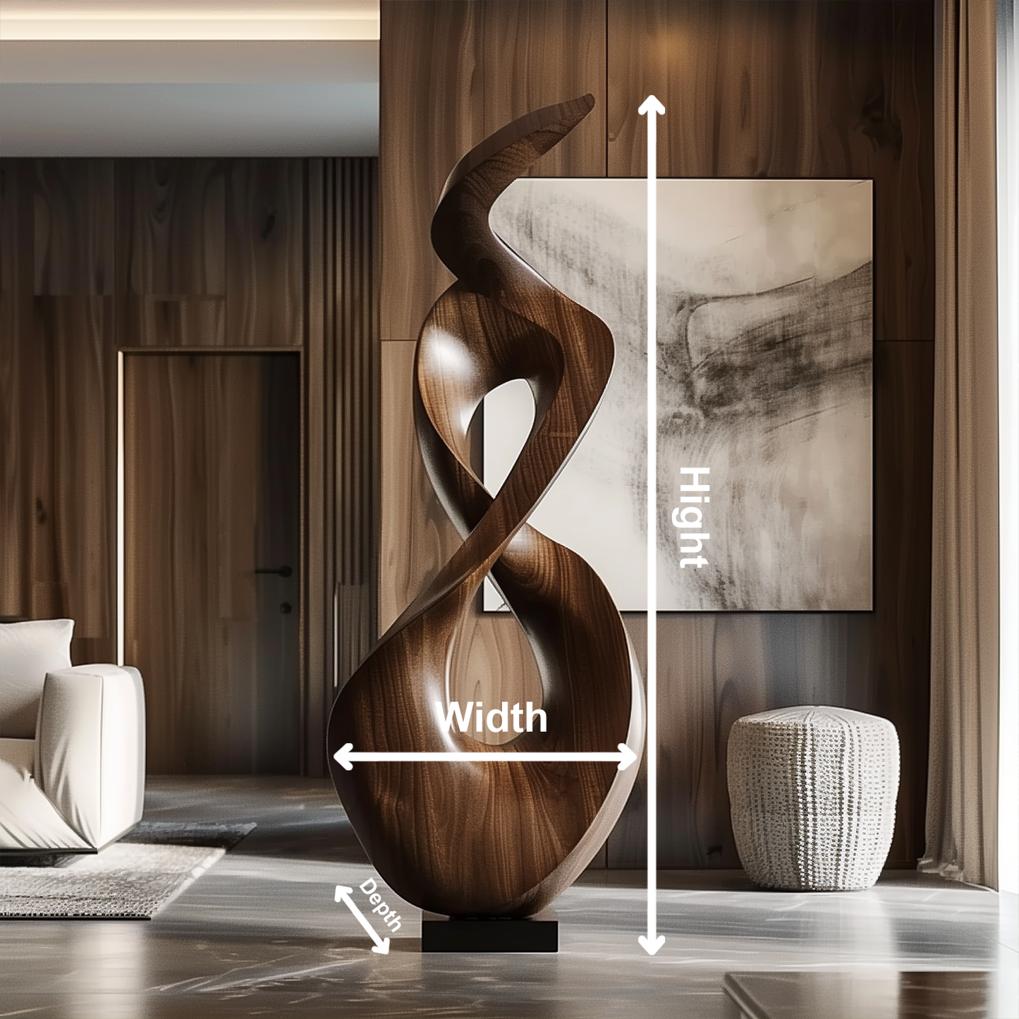 Tall Infinity Flame Wooden Sculpture Hand Carved Solid Wood Abstract Loop Modern Luxury Home Decor