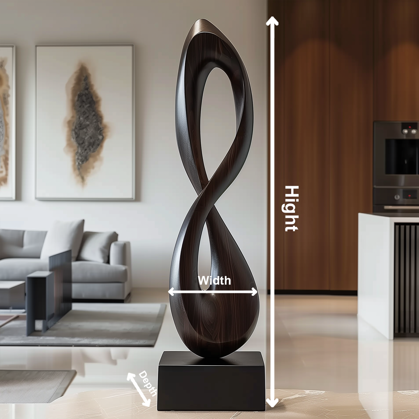 Tall Infinity Loop Wooden Sculpture Hand Carved Solid Wood Abstract Twist Modern Luxury Home Decor