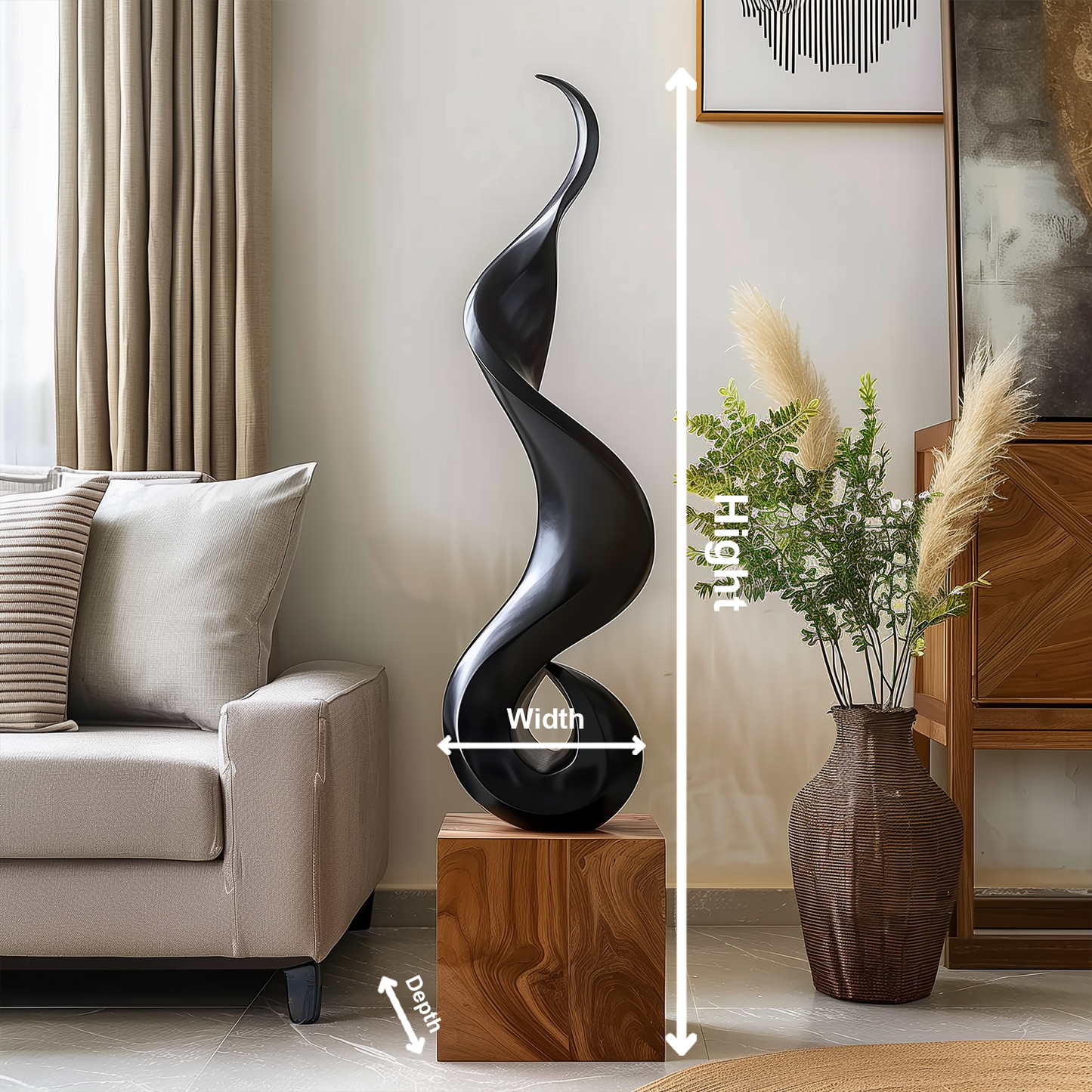 Tall Black Flame Spiral Wooden Sculpture Hand Carved Solid Wood Abstract Twist Modern Luxury Home Decor