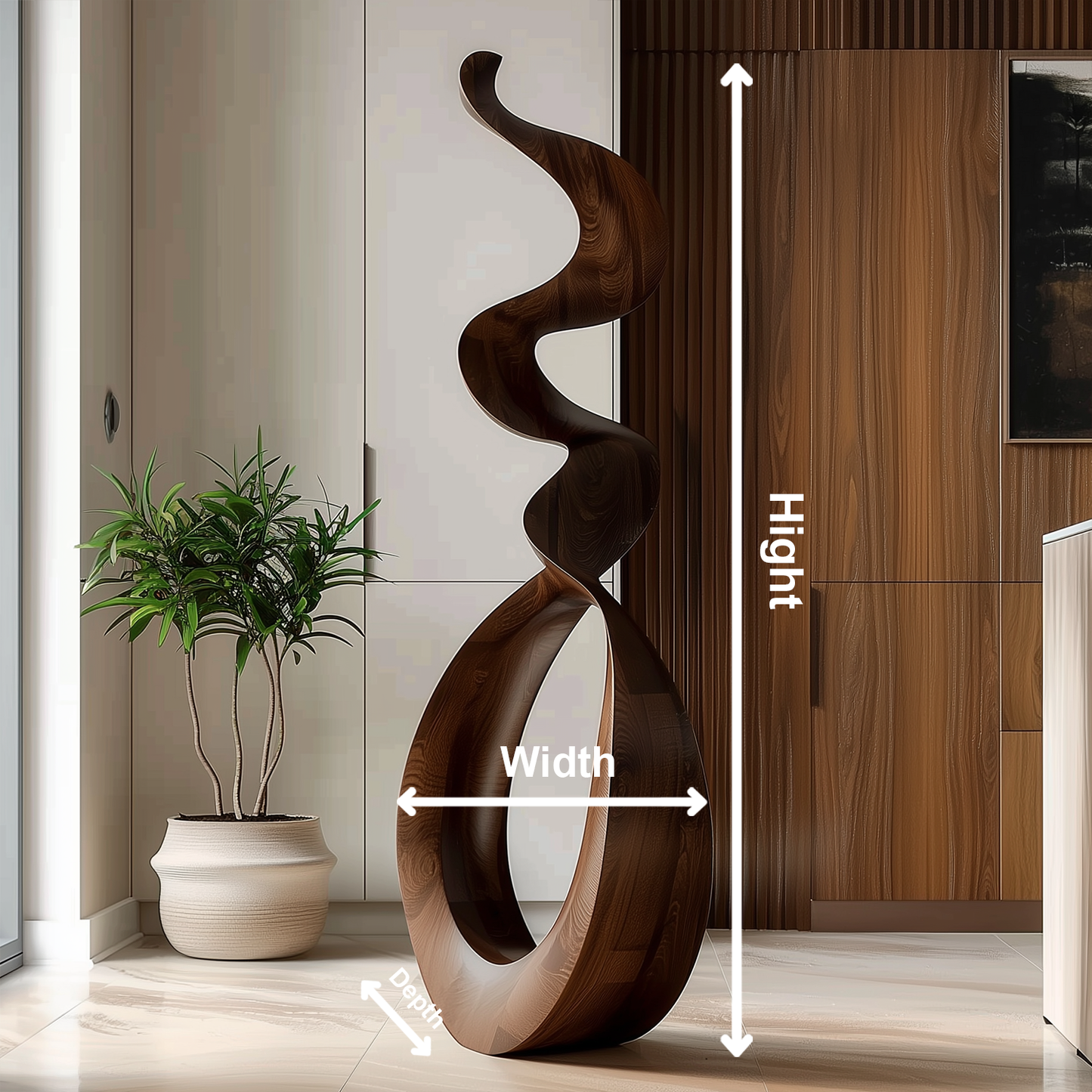 Tall Wooden Flame Spiral Sculpture Hand Carved Solid Wood Abstract Infinity Loop Modern Luxury Home Decor