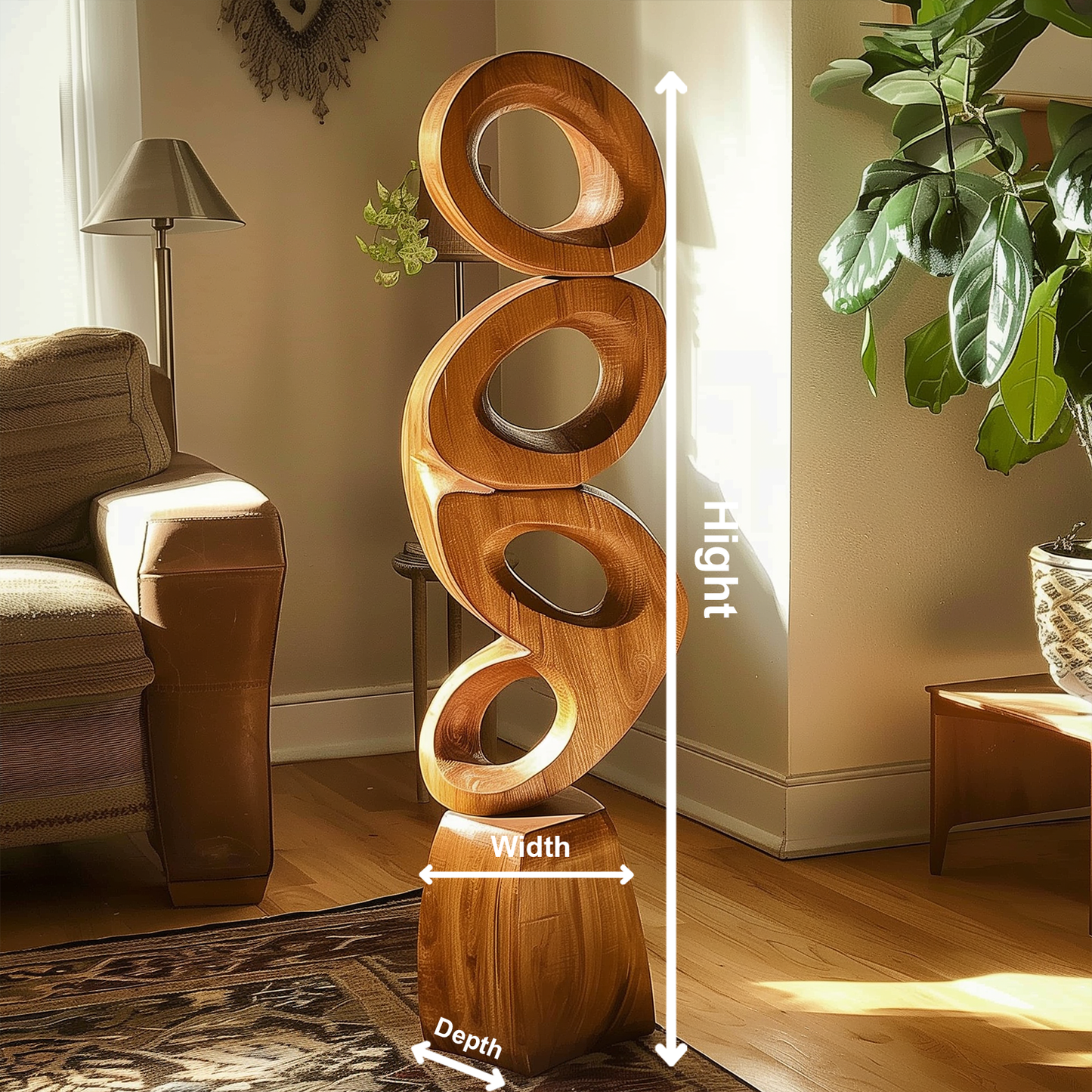 Tall Modern Wooden Loop Sculpture Hand Carved Solid Wood Abstract Floor Art Luxury Living Room Contemporary Decor