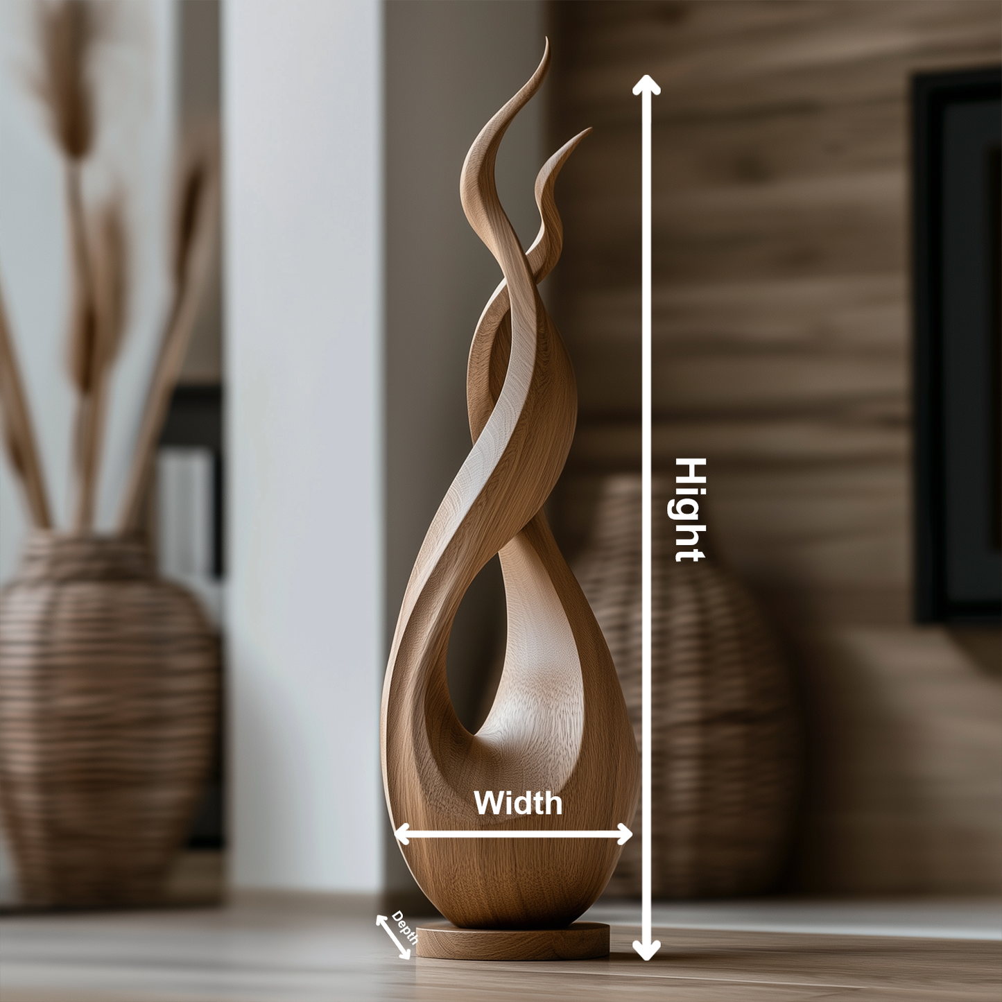 Tall Wooden Flame Spiral Sculpture Hand Carved Solid Wood Abstract Organic Modern Luxury Floor Home Decor