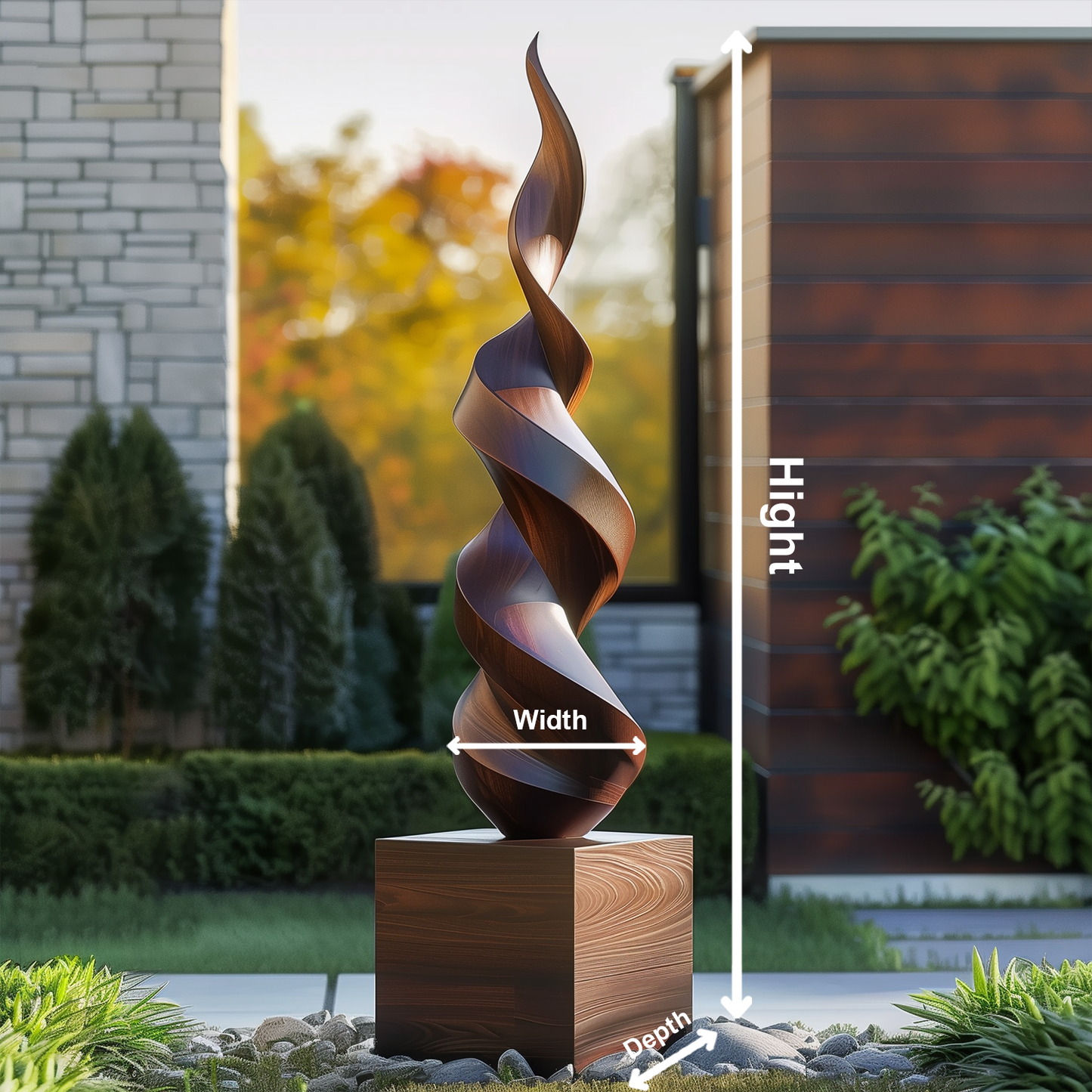Tall Twisted Flame Wooden Sculpture Hand Carved Solid Wood Abstract Spiral Modern Outdoor Garden Luxury Decor