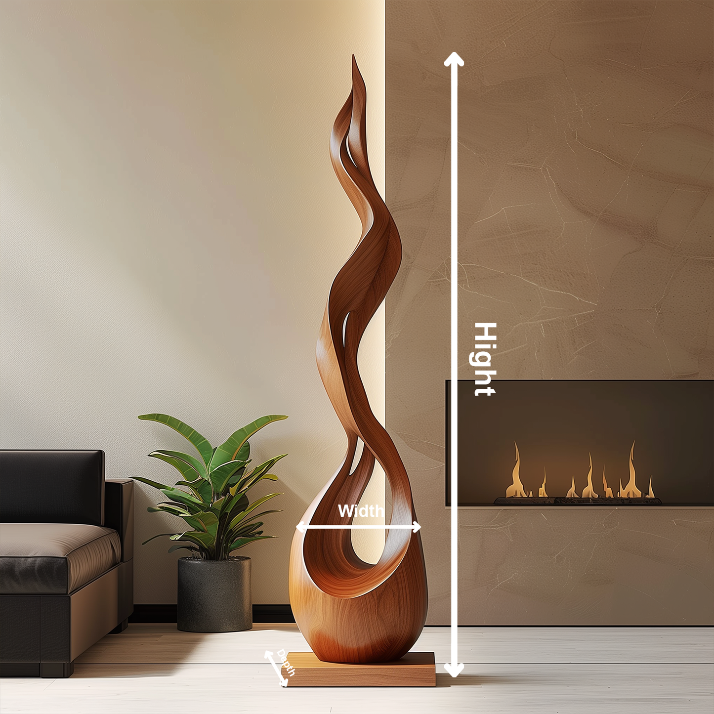 Hand Carved Wooden Flame Sculpture, Tall Infinity Twist Floor Art, Abstract Modern Organic Wood Decor, Luxury Statement Entryway Piece