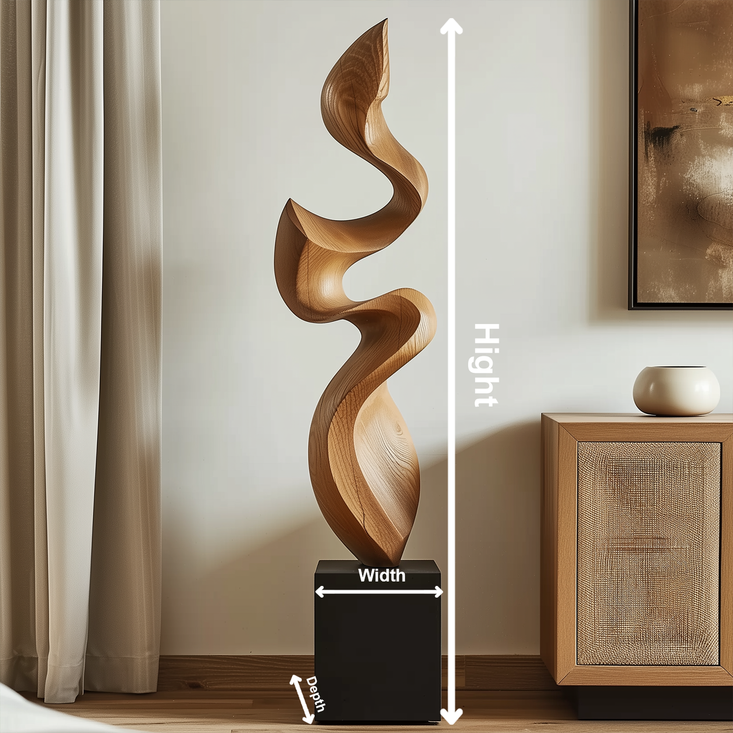 Hand Carved Wooden Flame Sculpture, Tall Abstract Spiral Infinity Form, Organic Modern Floor Art, Luxury Statement Home Decor