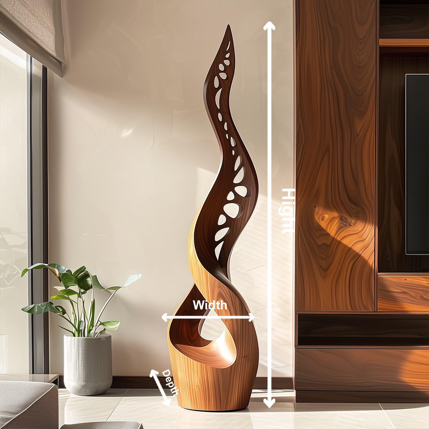 Tall Wooden Sculpture with Cutout Design – Handmade Modern Abstract Double Twist | Solid Wood Organic Carved Floor Art Home Decor