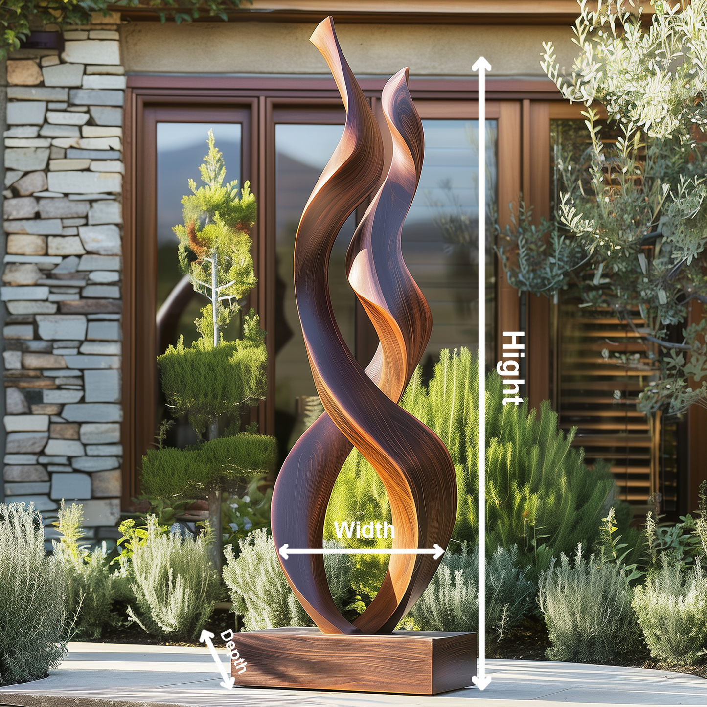 Tall Double Twist Wooden Sculpture – Handmade Modern Abstract Intertwined Design | Solid Wood with Polished Grain Outdoor Garden Decor