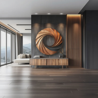 Modern Abstract Wooden Wall Art Sculpture – Spiral Infinity Design, Handcrafted Wood & Copper Wall Decor for Luxury Living Room