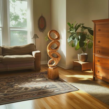 Tall Modern Wooden Loop Sculpture Hand Carved Solid Wood Abstract Floor Art Luxury Living Room Contemporary Decor