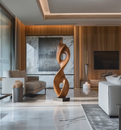 Hand Carved Wooden Infinity Flame Sculpture, Tall Abstract Loop with Dual Open Circles, Modern Organic Floor Art, Luxury Statement Decor