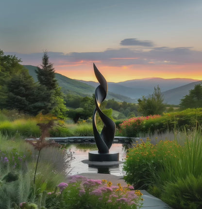 Tall Abstract Flame Sculpture Black | Modern Outdoor Garden Art | Flowing Spiral Form | Contemporary Large Statement Yard Decor