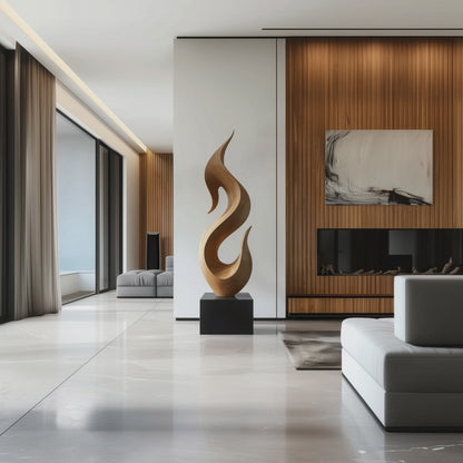 Hand Carved Abstract Wooden Flame Sculpture, Modern Organic Spiral Art, Luxury Large Statement Floor Decor, Minimal Contemporary Wood Artwork