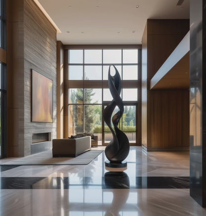 Large Abstract Flame Spiral Sculpture, Black Wooden Floor Art, Modern Organic Twist Sculpture, Luxury Interior Statement Decor