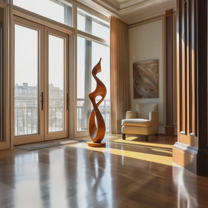 Hand Carved Tall Infinity Twist Wooden Sculpture, Abstract Flame Form Floor Art, Luxury Modern Organic Statement Decor for Living Room
