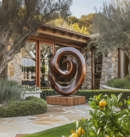 Large Spiral Infinity Wooden Sculpture, Hand Carved Outdoor Abstract Art, Modern Garden Sculpture, Luxury Wood Floor Decor