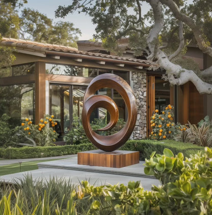 Large Abstract Spiral Wooden Sculpture – Hand Carved Infinity Loop, Modern Garden & Outdoor Art, Luxury Wood Sculpture Decor