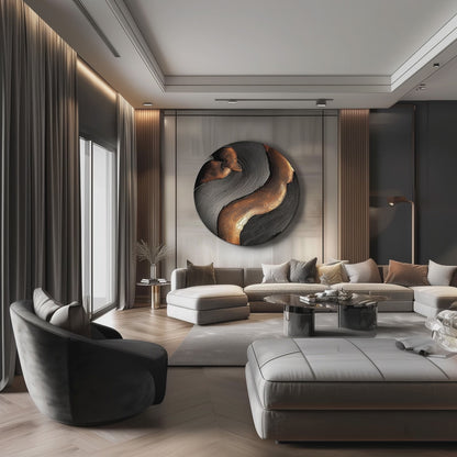 Large 3D Abstract Round Wall Sculpture, Black and Gold Modern Circle Art, Luxury Statement Wall Decor for Contemporary Interiors