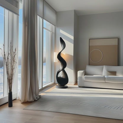 Tall Black Wooden Sculpture – Handmade Modern Abstract Spiral Twist | Solid Wood with Natural Grain Floor Art Home Decor Statement Piece