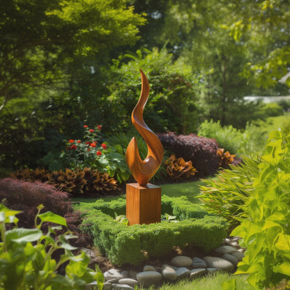 Tall Hand-Carved Wooden Flame Sculpture, Abstract Infinity Twist Art, Luxury Modern Garden Statement Decor, Outdoor Yard Sculpture