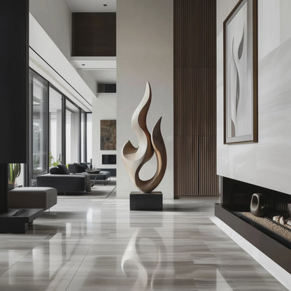 Hand Carved Abstract Wooden Flame Sculpture, Modern Two Tone Organic Twist Art, Luxury Large Statement Floor Decor, Contemporary Wood Artwork