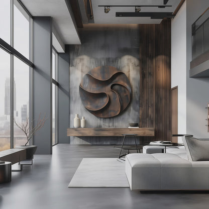 Round Abstract Wooden Wall Art Sculpture, Layered Organic Swirl Design, Modern 3D Wood Carving, Luxury Statement Wall Decor