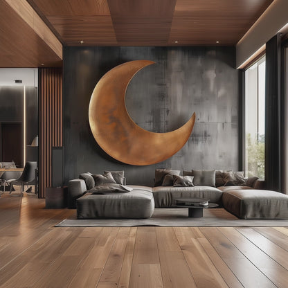 Large Hand-Carved Wooden Crescent Moon Wall Sculpture, 3D Abstract Lunar Art, Modern Luxury Statement Wall Decor for Interiors