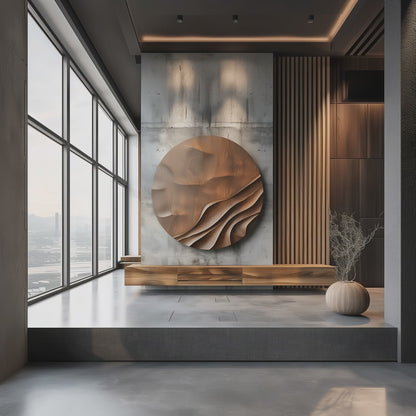 Large Round Wooden Wall Sculpture, Layered Wave Relief Art, Organic Wood Grain, Modern Minimalist Luxury Statement Decor