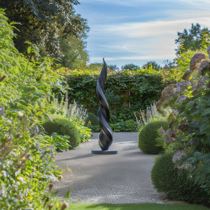 Tall Black Wooden Spiral Sculpture – Handmade Modern Abstract Twist Design | Solid Wood Outdoor Garden Art Contemporary Yard Decor