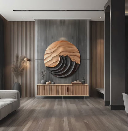 Abstract Wooden Wall Art Mountain Moon Relief, Hand Carved Circular Wood Sculpture, Modern Zen Wall Decor, Organic 3D Art for Living Room