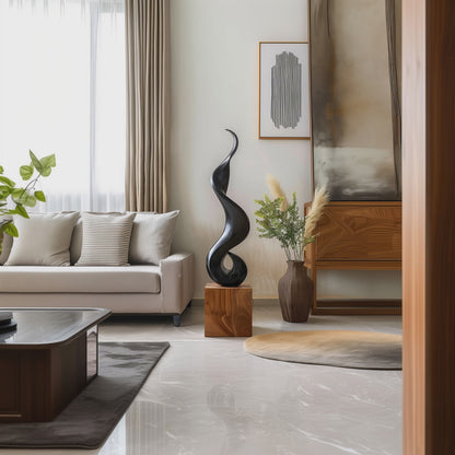 Tall Black Flame Spiral Wooden Sculpture Hand Carved Solid Wood Abstract Twist Modern Luxury Home Decor