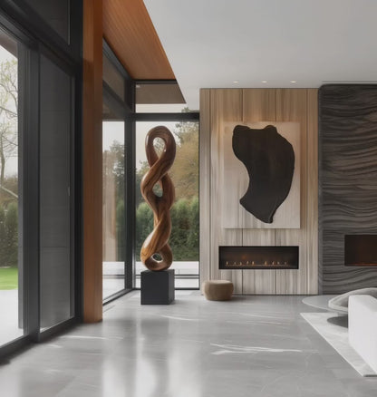 Large Abstract Wooden Infinity Sculpture, Hand Carved Twisting Loop Form, Modern Organic Floor Art, Luxury Natural Wood Decor Statement