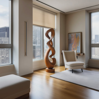 Tall Hand Carved Infinity Loop Wooden Sculpture, Organic Twisting Ribbon Form, Modern Luxury Floor Art, Large Statement Wood Decor