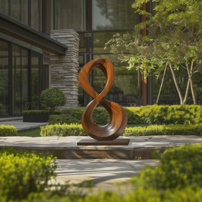 Large Infinity Loop Wooden Sculpture Hand Carved Solid Wood Abstract Modern Garden Entryway Luxury Decor
