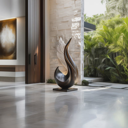 Flame Wing Wooden Sculpture Hand Carved Two Tone Solid Wood Abstract Angel Form Modern Luxury Home Decor