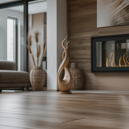 Tall Wooden Flame Spiral Sculpture Hand Carved Solid Wood Abstract Organic Modern Luxury Floor Home Decor