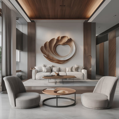 Hand-Carved Wooden Spiral Wave Wall Sculpture, Large 3D Abstract Hollow Circle Art, Modern Organic Luxury Statement Home Decor